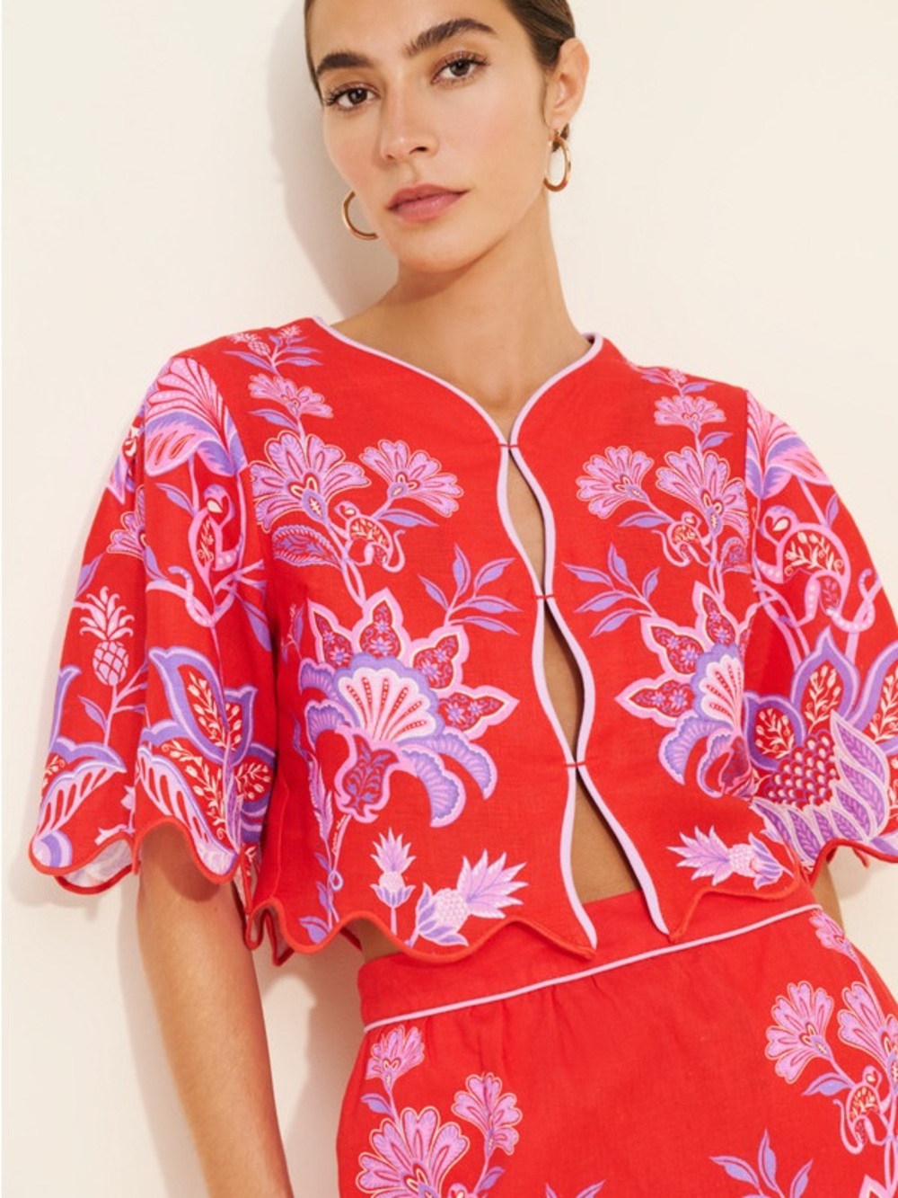 FARM Rio Red Crop Top with Pink and Lilac Floral Embroidery